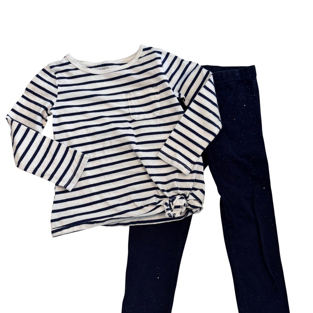 Toddler Girls Navy‎ Blue White Striped Shirt Glitter Leggings 3T Spring Outfit